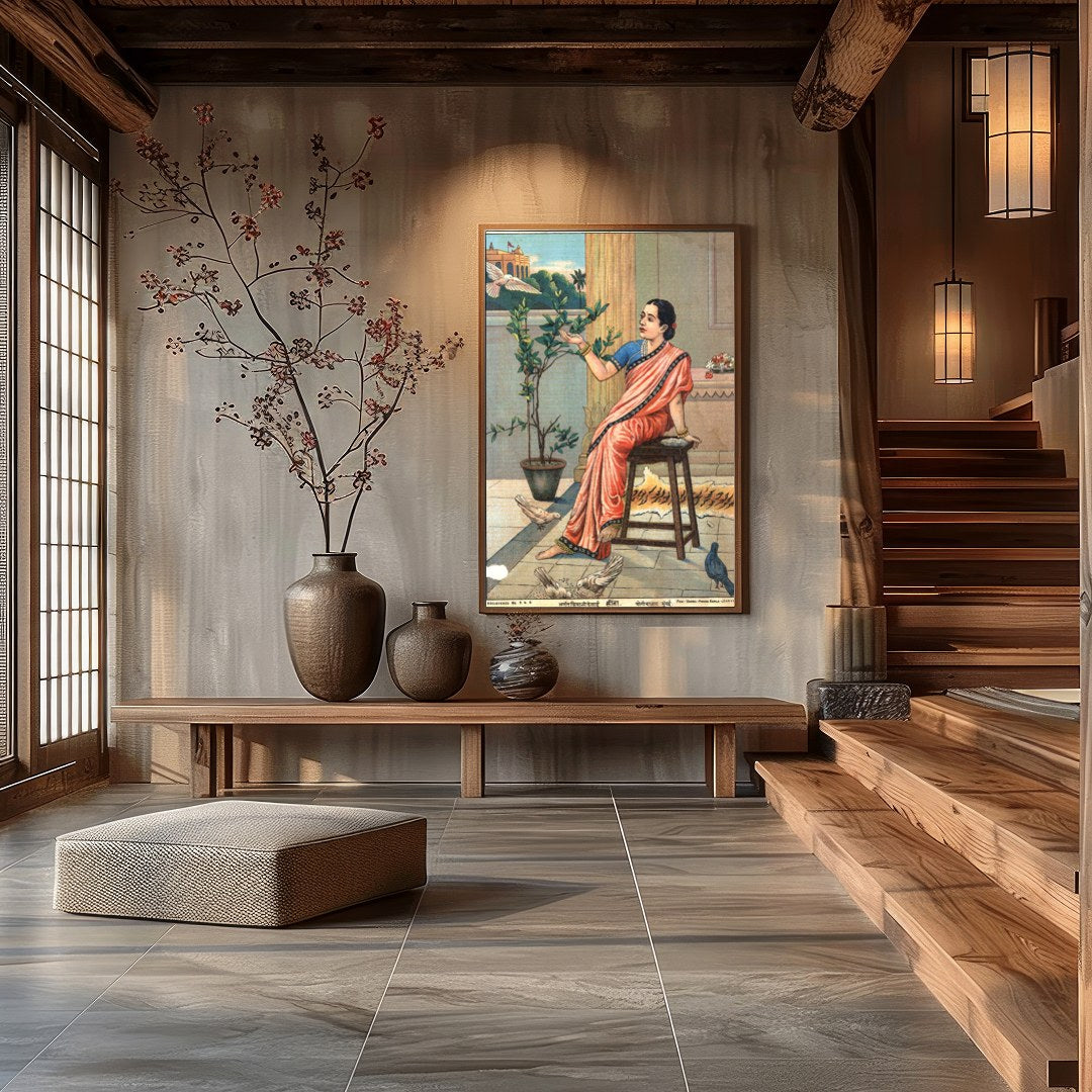 Capture the tranquil beauty of traditional Indian life with this exquisite artwork. Featuring a for Hall