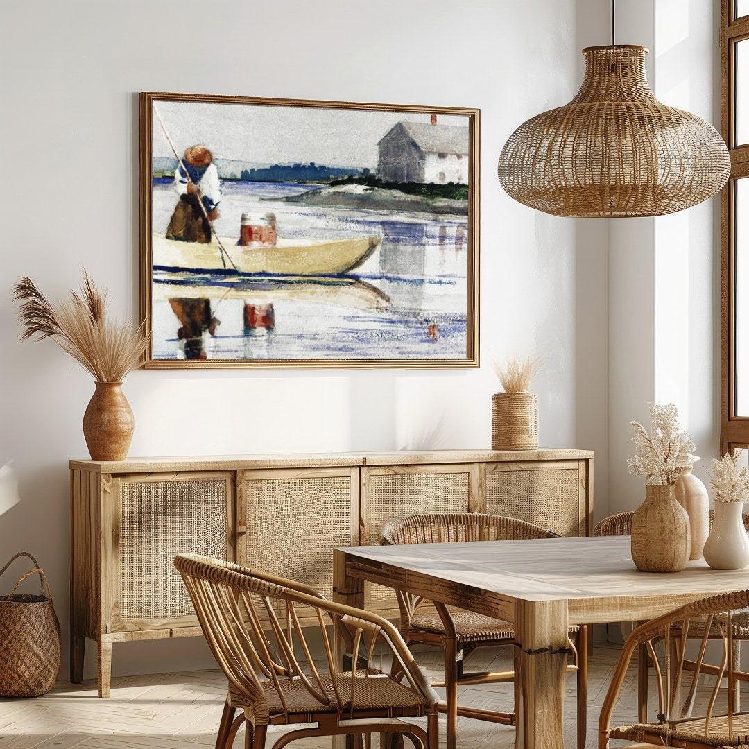 This tranquil watercolor captures a lone figure rowing across a reflective lake with a quaint house for Dining