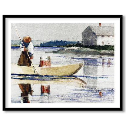 This tranquil watercolor captures a lone figure rowing across a reflective lake with a quaint house for dwelling