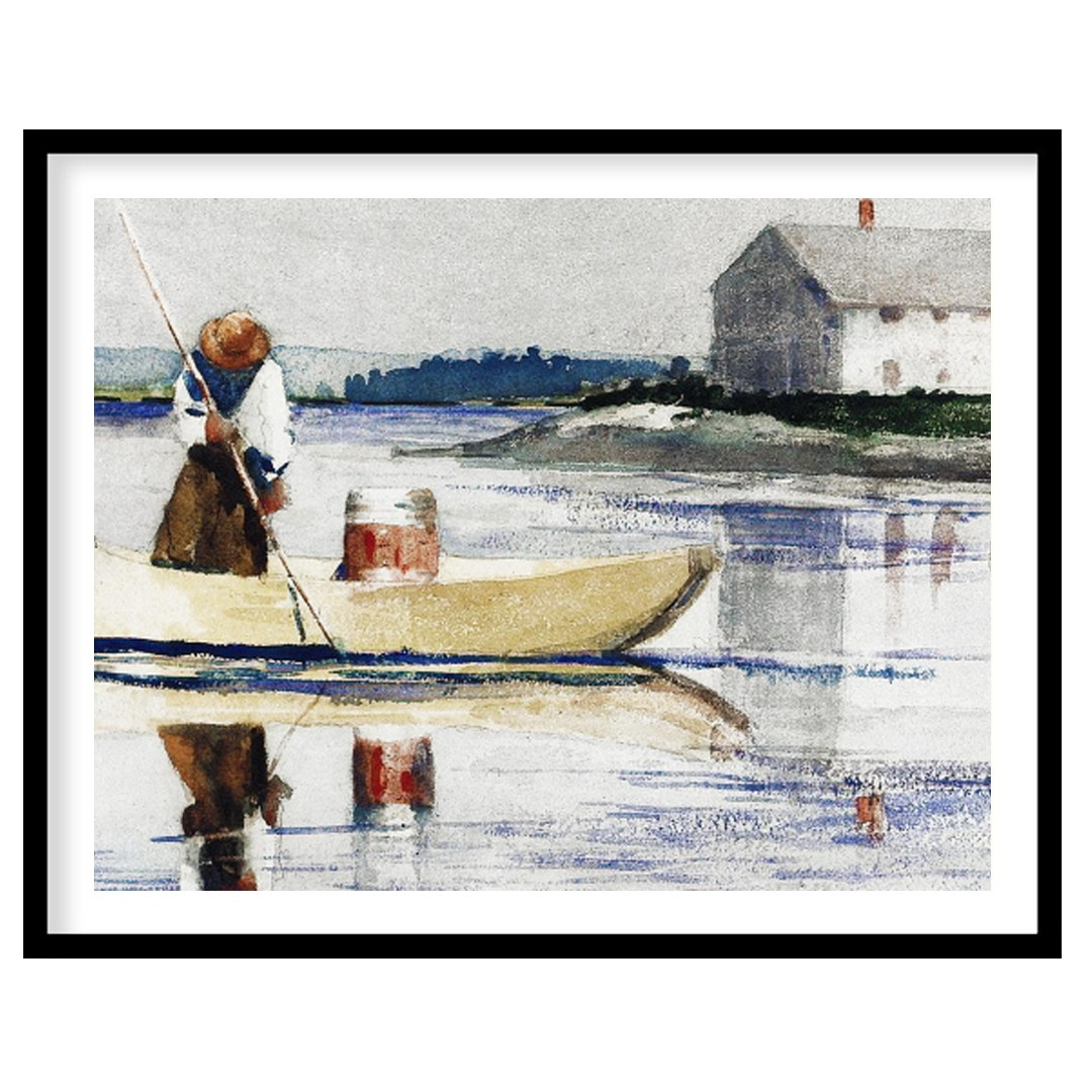 This tranquil watercolor captures a lone figure rowing across a reflective lake with a quaint house for dwelling