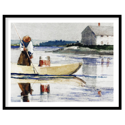 This tranquil watercolor captures a lone figure rowing across a reflective lake with a quaint house for dwelling