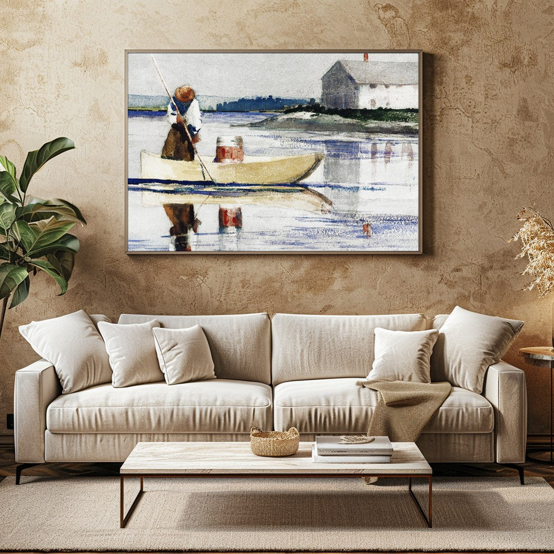 This tranquil watercolor captures a lone figure rowing across a reflective lake with a quaint house for Family Room