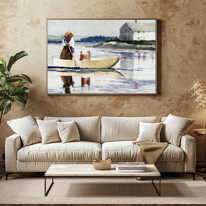 This tranquil watercolor captures a lone figure rowing across a reflective lake with a quaint house for Family Room