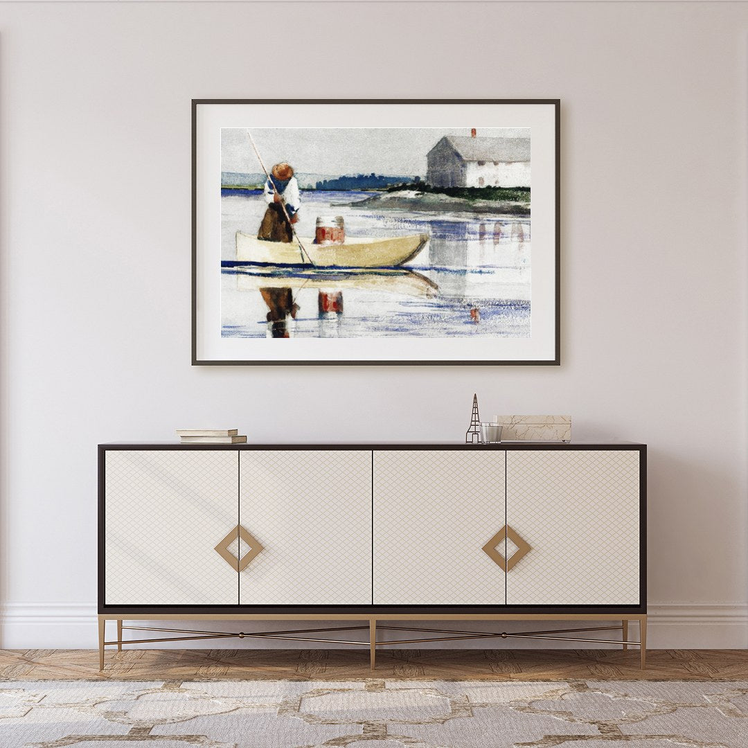 This tranquil watercolor captures a lone figure rowing across a reflective lake with a quaint house for Foyer