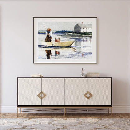 This tranquil watercolor captures a lone figure rowing across a reflective lake with a quaint house for Foyer
