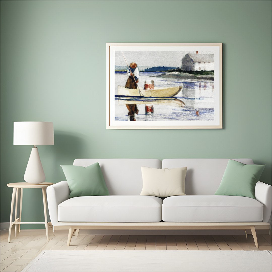 This tranquil watercolor captures a lone figure rowing across a reflective lake with a quaint house for Hall