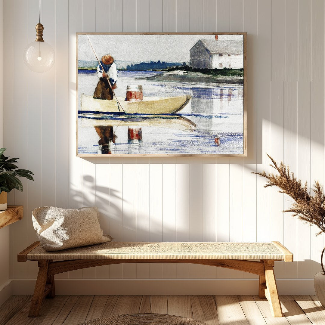 This tranquil watercolor captures a lone figure rowing across a reflective lake with a quaint house for Hallway