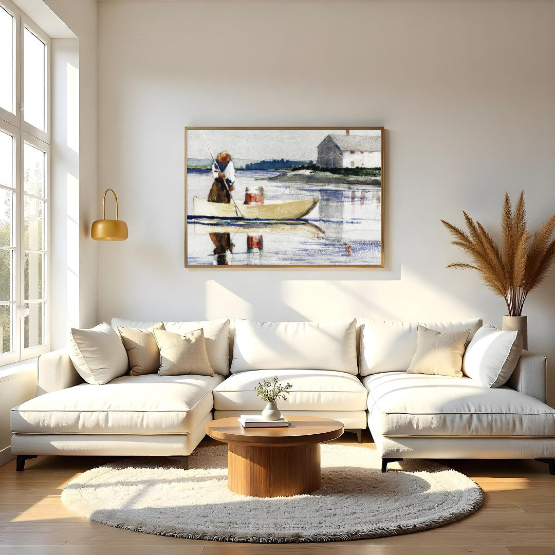 This tranquil watercolor captures a lone figure rowing across a reflective lake with a quaint house for Living Room