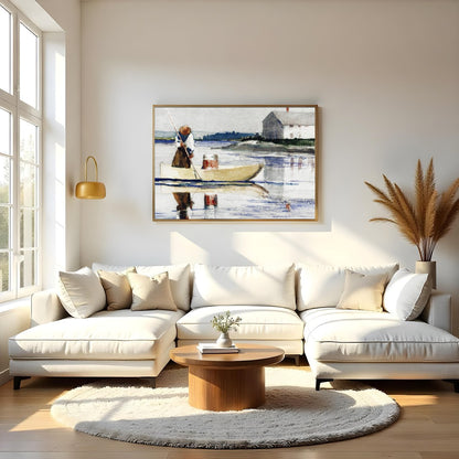 This tranquil watercolor captures a lone figure rowing across a reflective lake with a quaint house for Living Room