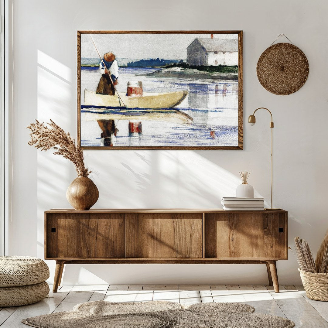 This tranquil watercolor captures a lone figure rowing across a reflective lake with a quaint house for Sitting Area