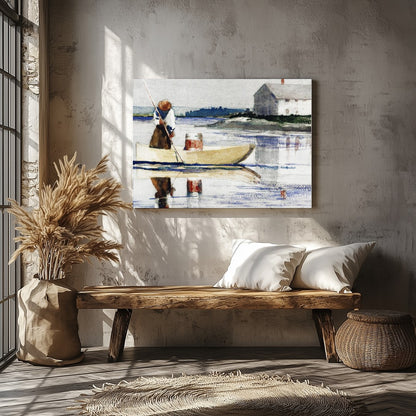 This tranquil watercolor captures a lone figure rowing across a reflective lake with a quaint house for Veranda