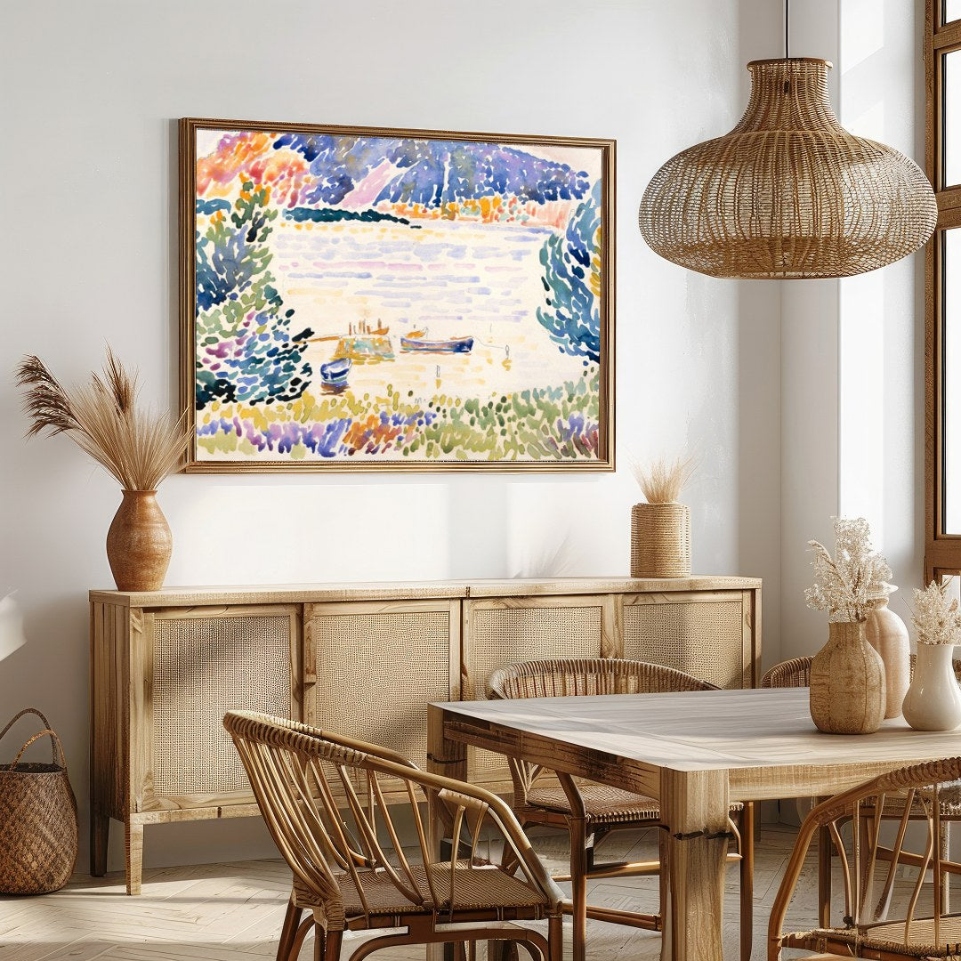 Immerse yourself in the tranquil beauty of this exquisite watercolor painting. With vibrant strokes for Dining