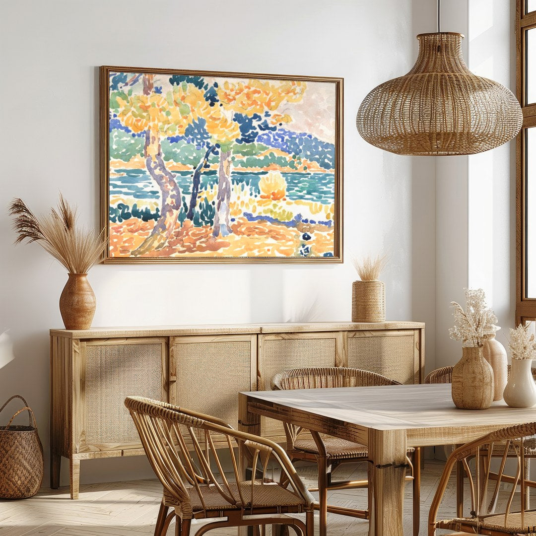 Bring the tranquility of the outdoors into your space with this vibrant impressionistic lakeside for Dining