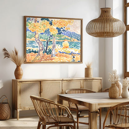 Bring the tranquility of the outdoors into your space with this vibrant impressionistic lakeside for Dining
