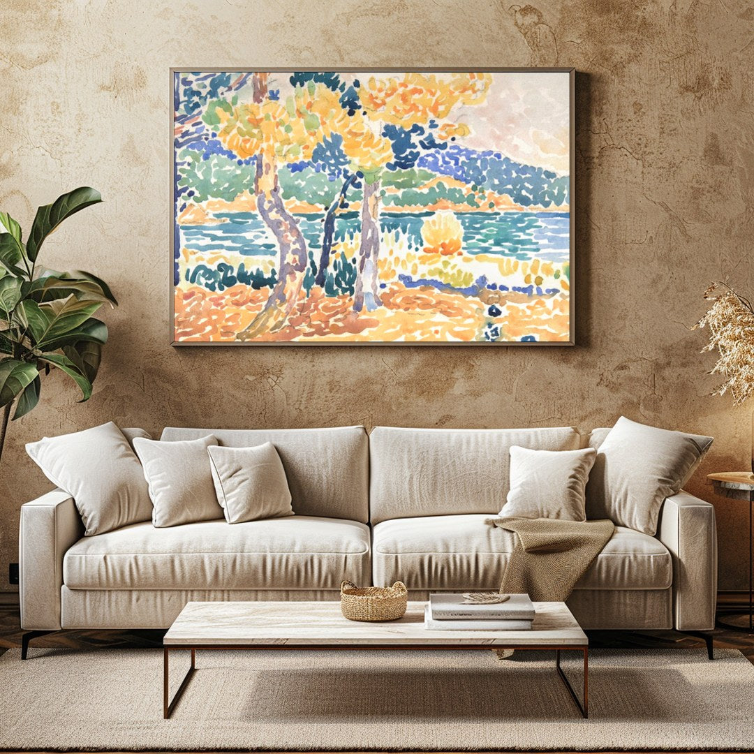 Bring the tranquility of the outdoors into your space with this vibrant impressionistic lakeside for Family Room