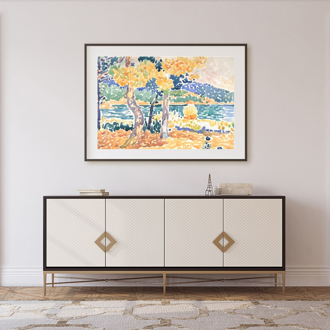 Bring the tranquility of the outdoors into your space with this vibrant impressionistic lakeside for Foyer