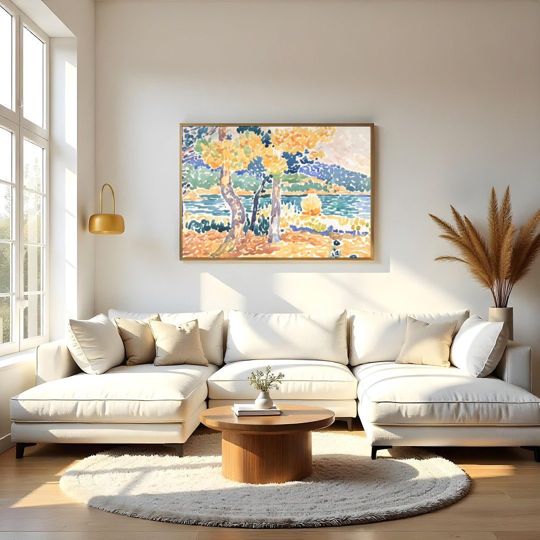 Bring the tranquility of the outdoors into your space with this vibrant impressionistic lakeside for Living Room