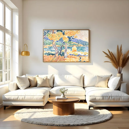 Bring the tranquility of the outdoors into your space with this vibrant impressionistic lakeside for Living Room