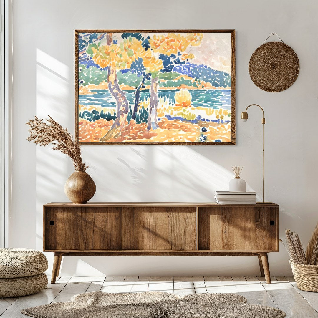 Bring the tranquility of the outdoors into your space with this vibrant impressionistic lakeside for Sitting Area
