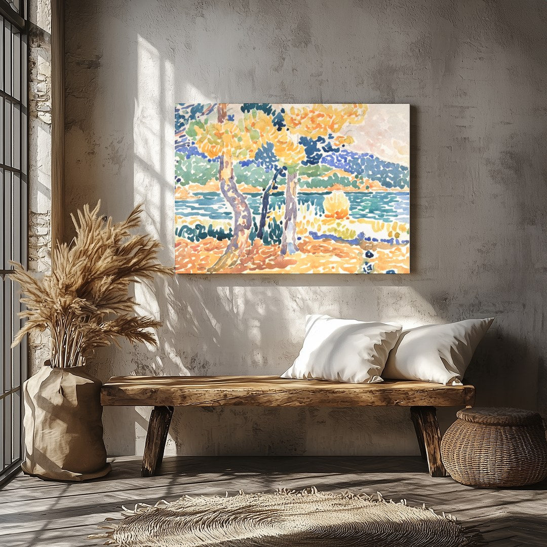 Bring the tranquility of the outdoors into your space with this vibrant impressionistic lakeside for Veranda