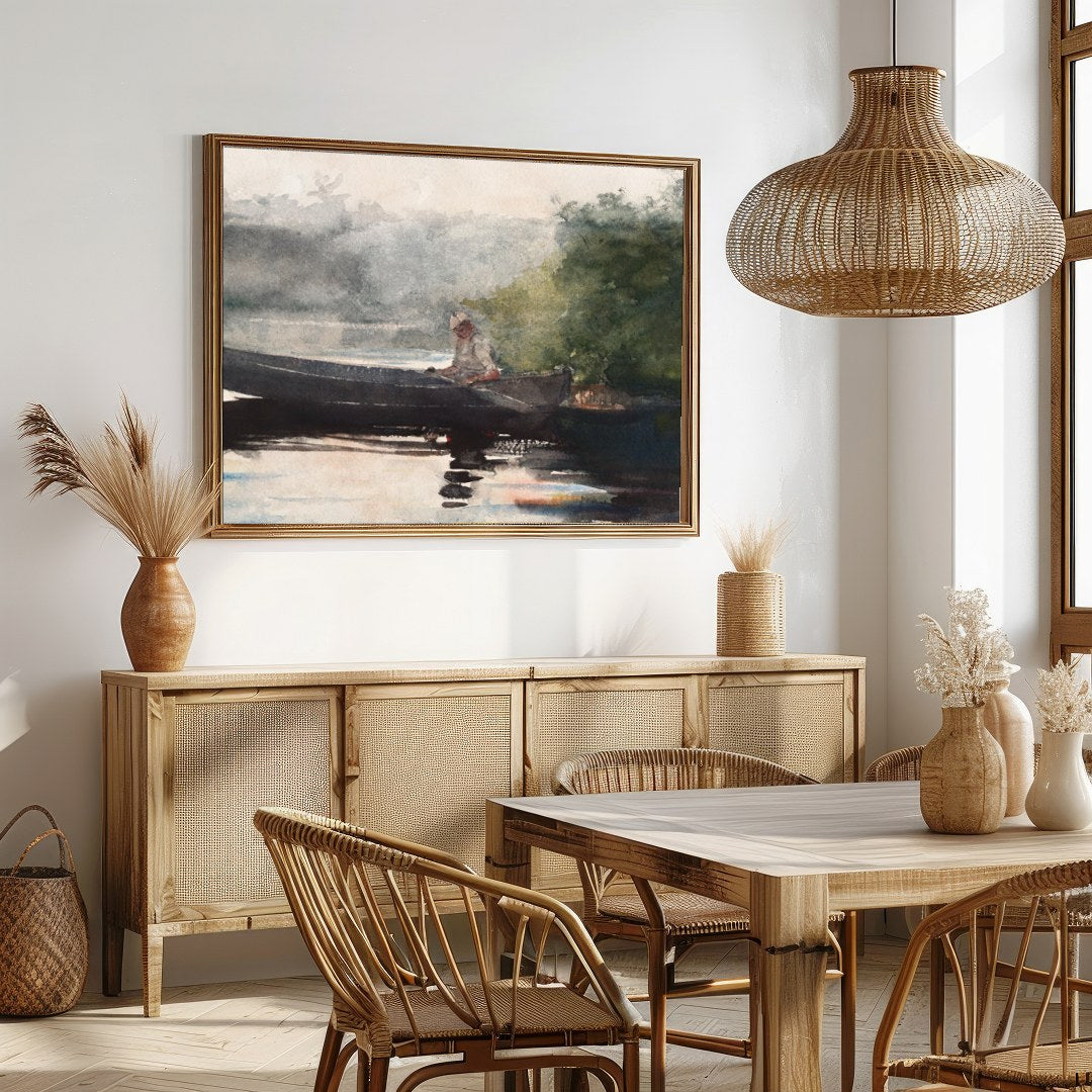 This captivating watercolor piece invites you to a peaceful morning by the lake. The gentle for Dining