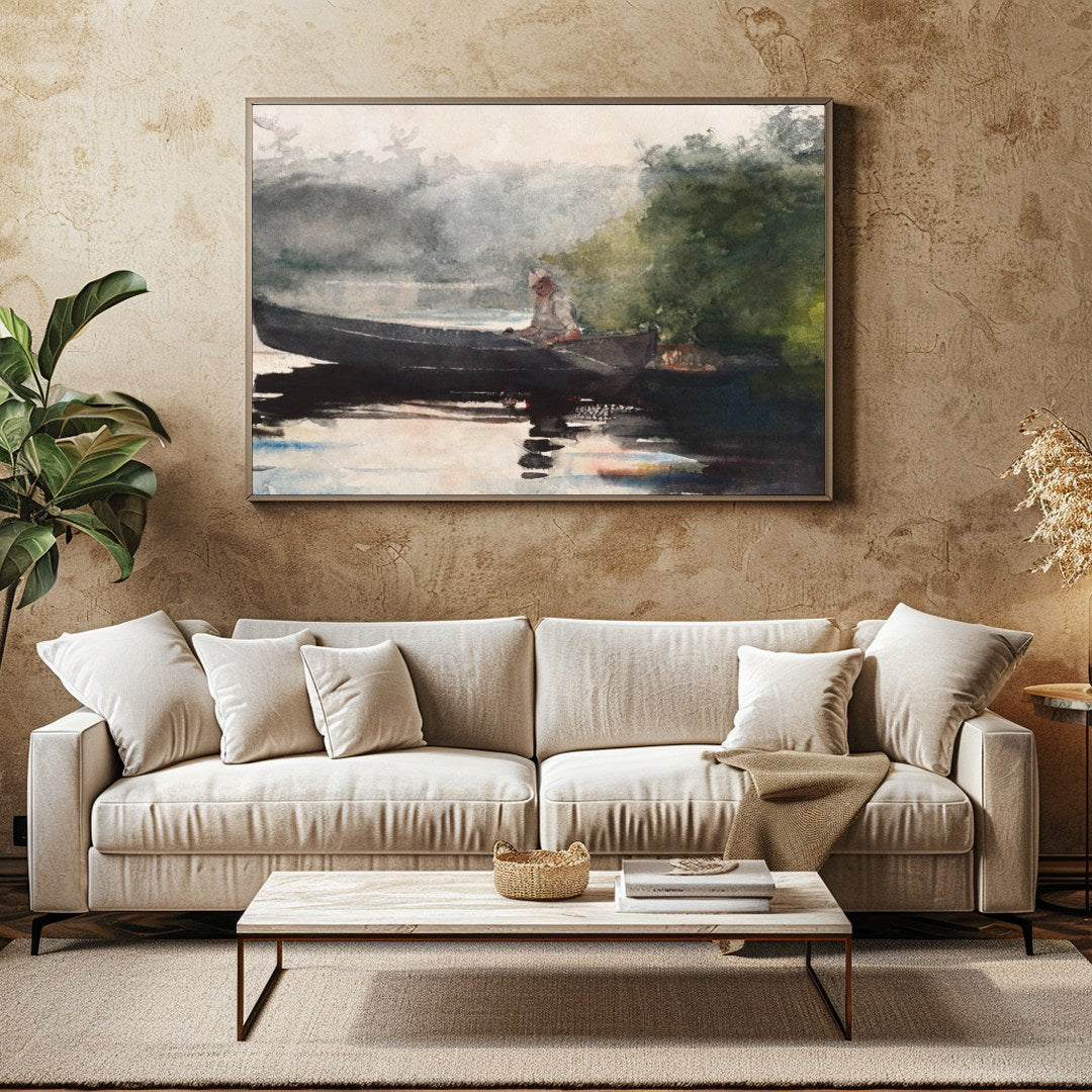 This captivating watercolor piece invites you to a peaceful morning by the lake. The gentle for Family Room