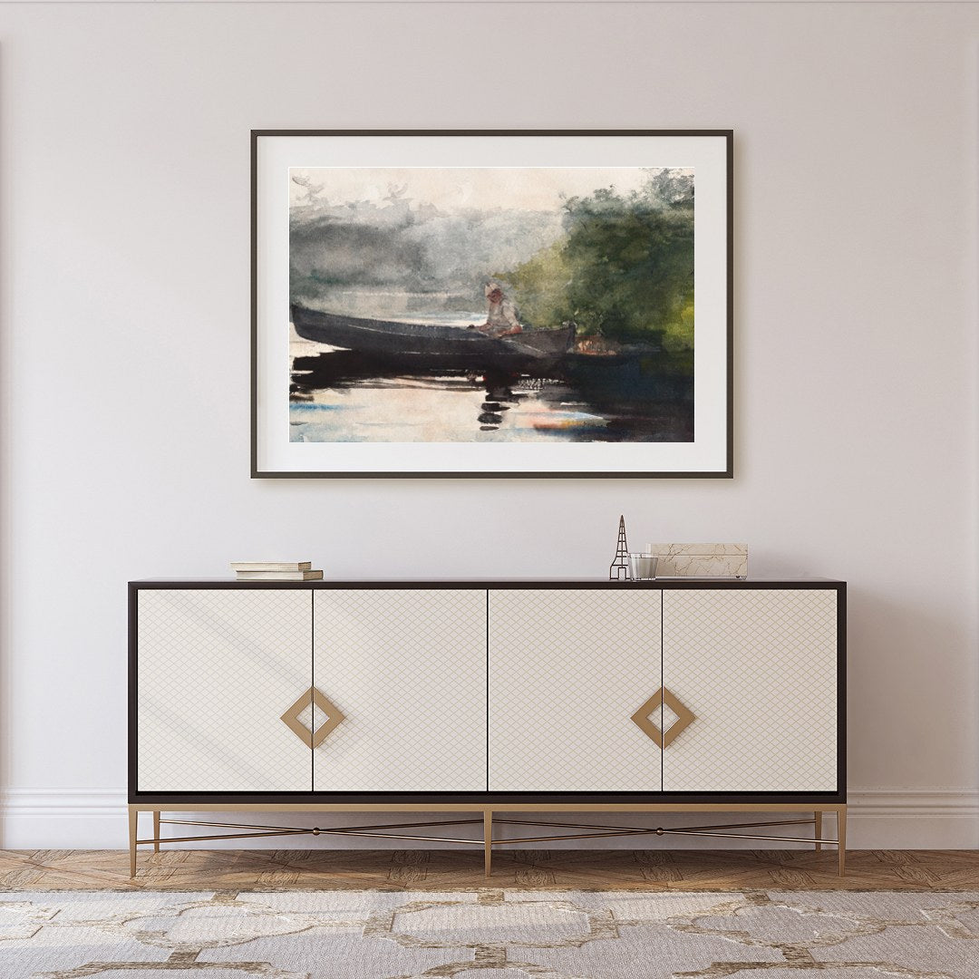 This captivating watercolor piece invites you to a peaceful morning by the lake. The gentle for Foyer
