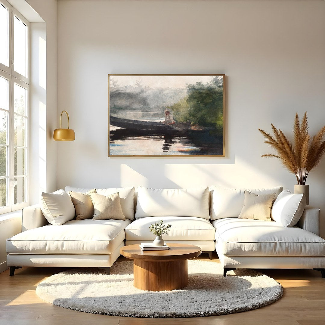 This captivating watercolor piece invites you to a peaceful morning by the lake. The gentle for Living Room