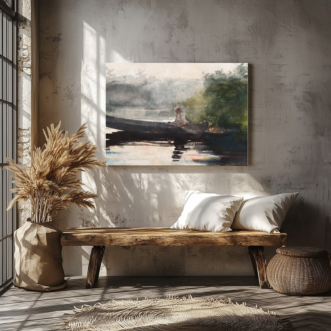 This captivating watercolor piece invites you to a peaceful morning by the lake. The gentle for Veranda