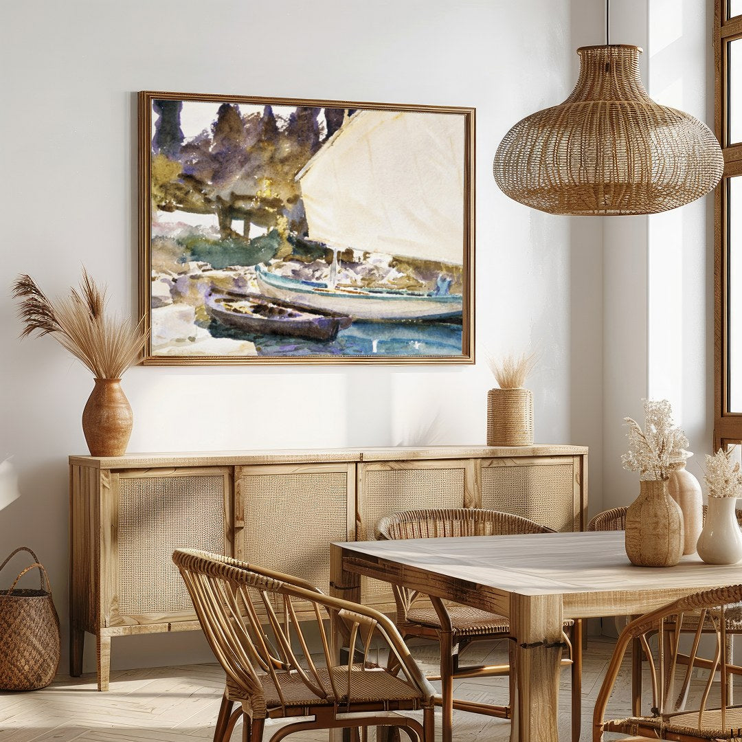 Capture the tranquility of a lakeside scene with this exquisite watercolor painting. The gentle for Dining