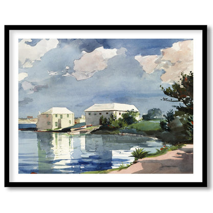 This captivating watercolor art piece transports you to a tranquil lakeside scene under a clear for abode