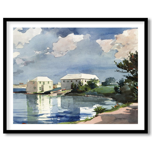 This captivating watercolor art piece transports you to a tranquil lakeside scene under a clear for abode
