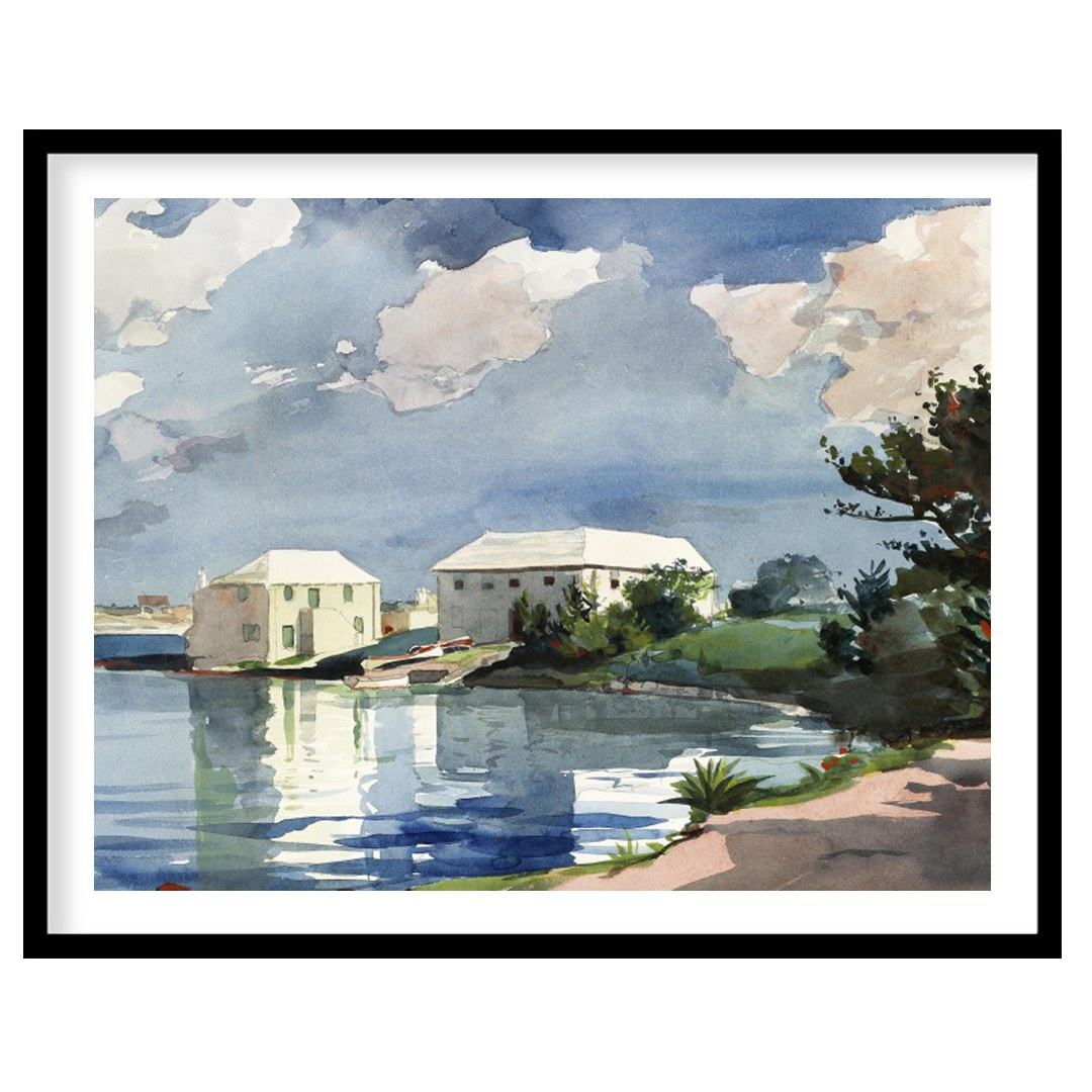 This captivating watercolor art piece transports you to a tranquil lakeside scene under a clear for abode