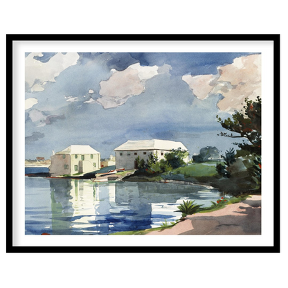 This captivating watercolor art piece transports you to a tranquil lakeside scene under a clear for abode
