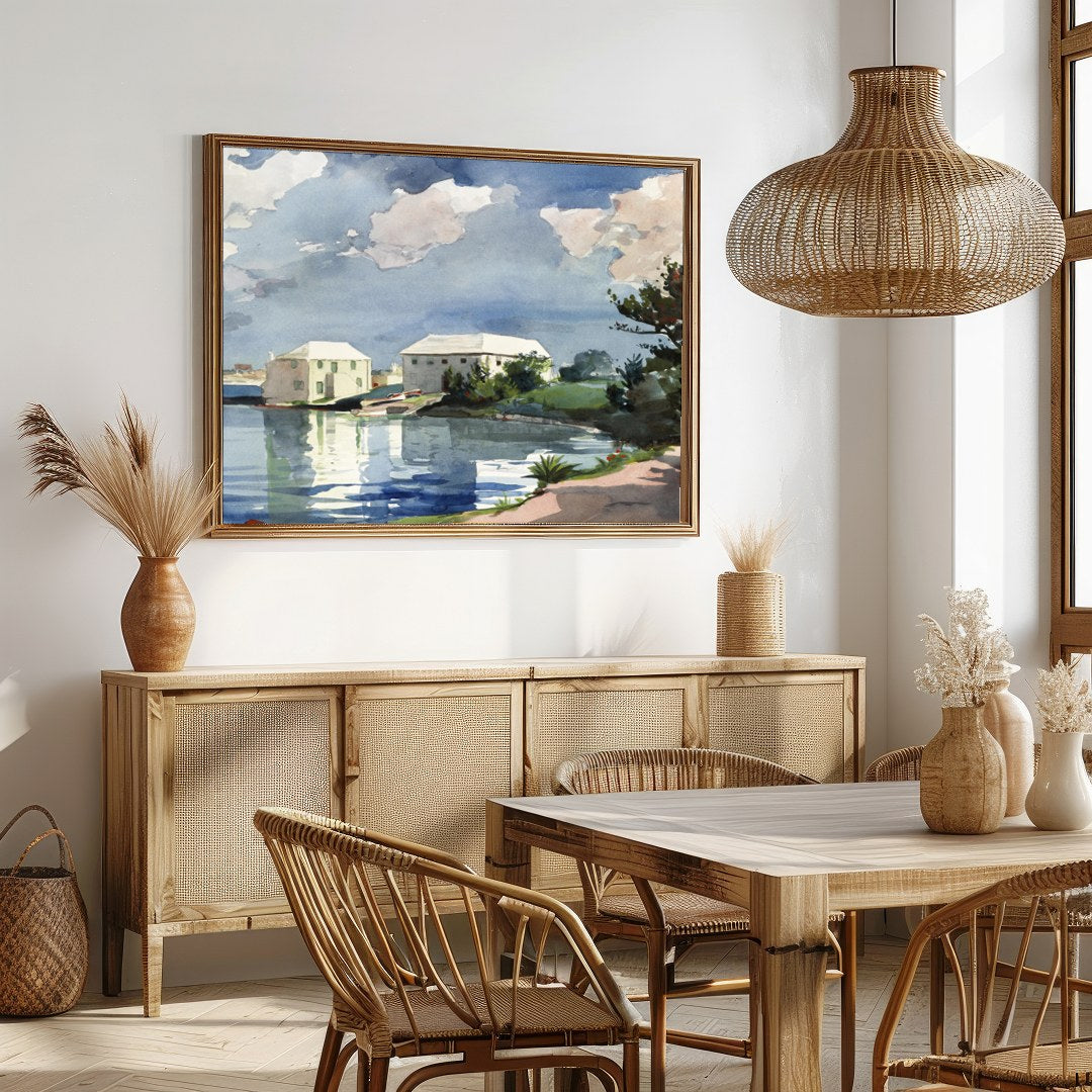 This captivating watercolor art piece transports you to a tranquil lakeside scene under a clear for Dining