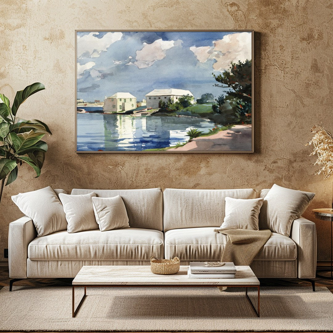 This captivating watercolor art piece transports you to a tranquil lakeside scene under a clear for Family Room