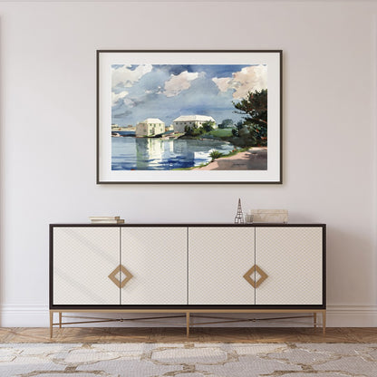 This captivating watercolor art piece transports you to a tranquil lakeside scene under a clear for Foyer