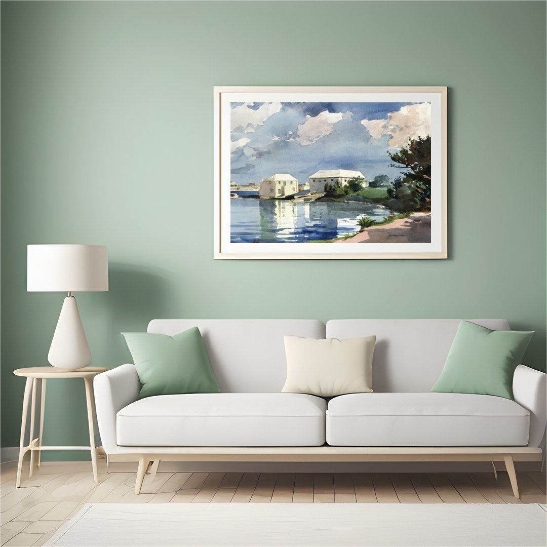 This captivating watercolor art piece transports you to a tranquil lakeside scene under a clear for Hall