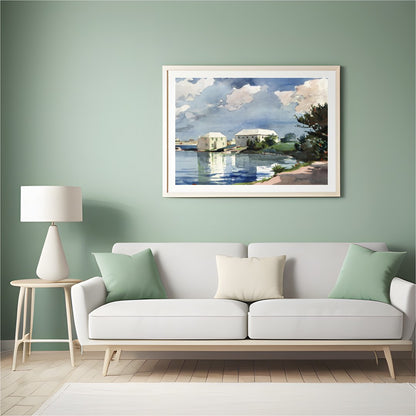 This captivating watercolor art piece transports you to a tranquil lakeside scene under a clear for Hall