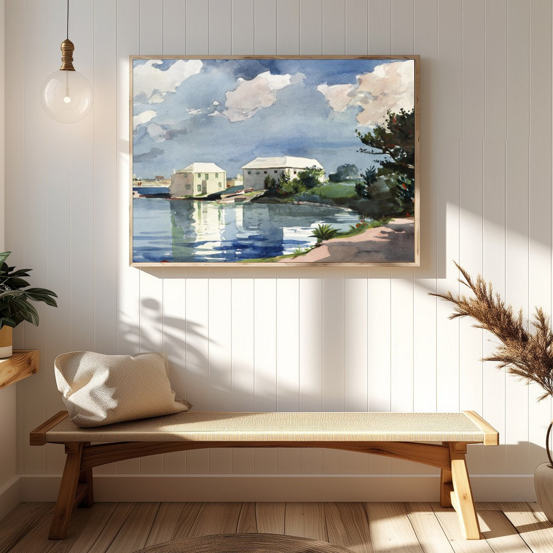 This captivating watercolor art piece transports you to a tranquil lakeside scene under a clear for Hallway