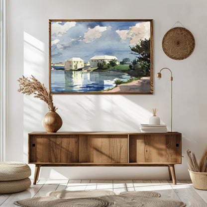 This captivating watercolor art piece transports you to a tranquil lakeside scene under a clear for Sitting Area