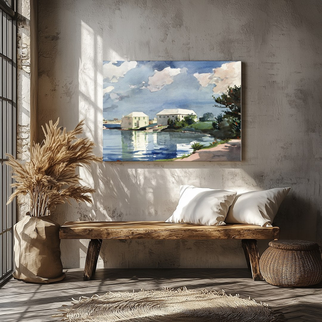 This captivating watercolor art piece transports you to a tranquil lakeside scene under a clear for Veranda