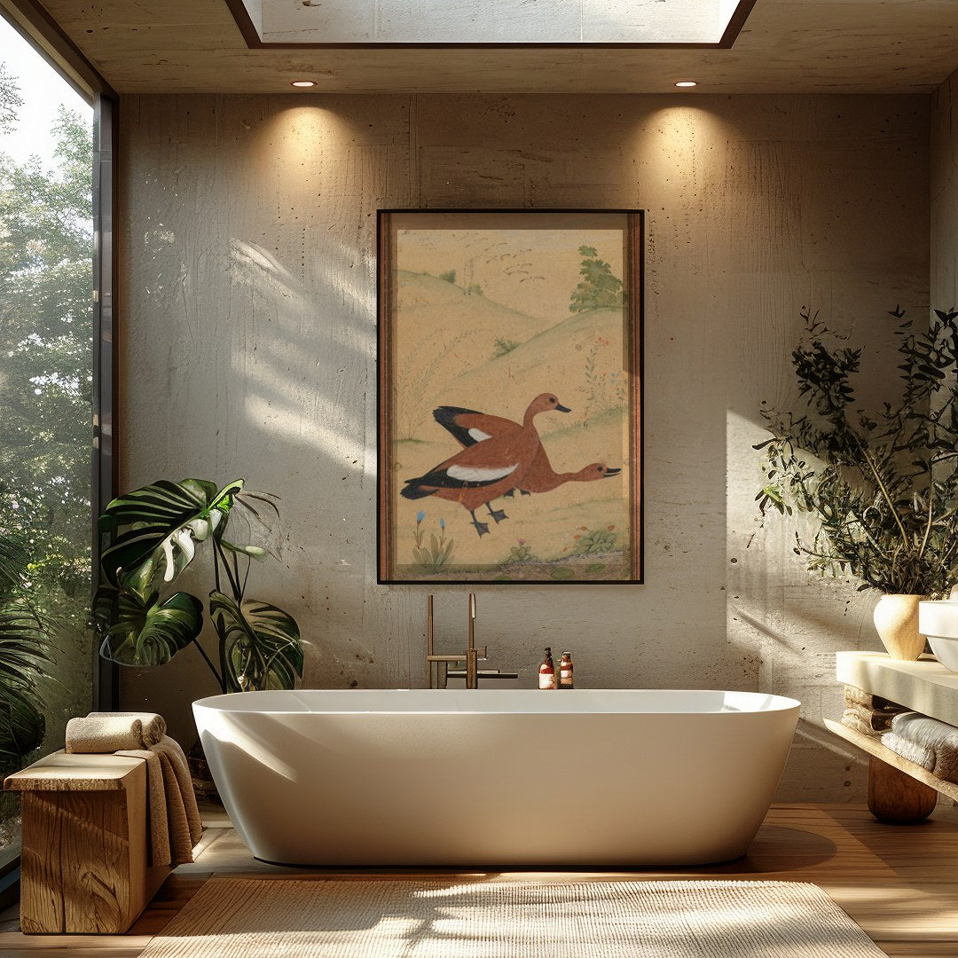 This exquisite artwork captures a pair of ducks gracefully nestled in a serene landscape. Rendered for Bathroom