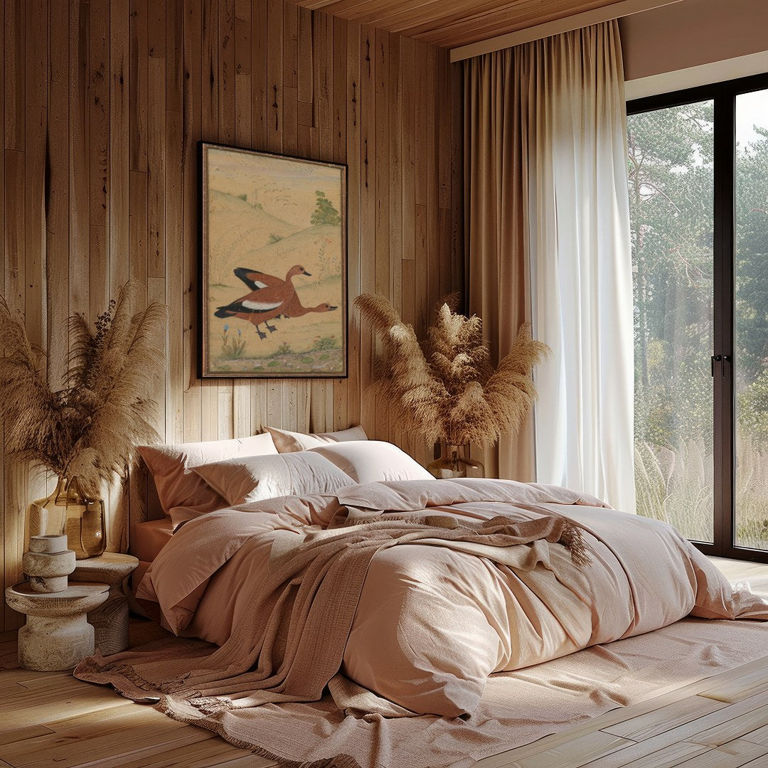 This exquisite artwork captures a pair of ducks gracefully nestled in a serene landscape. Rendered for Bedroom