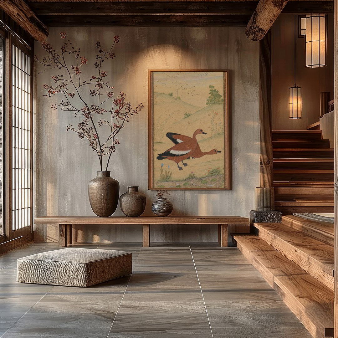 This exquisite artwork captures a pair of ducks gracefully nestled in a serene landscape. Rendered for Hall