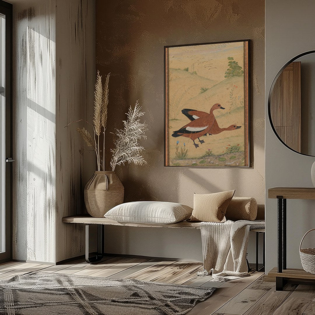 This exquisite artwork captures a pair of ducks gracefully nestled in a serene landscape. Rendered for home