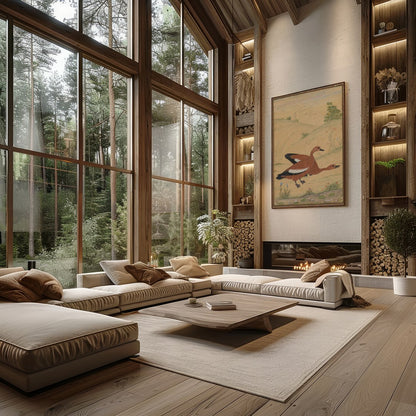 This exquisite artwork captures a pair of ducks gracefully nestled in a serene landscape. Rendered for Living Room
