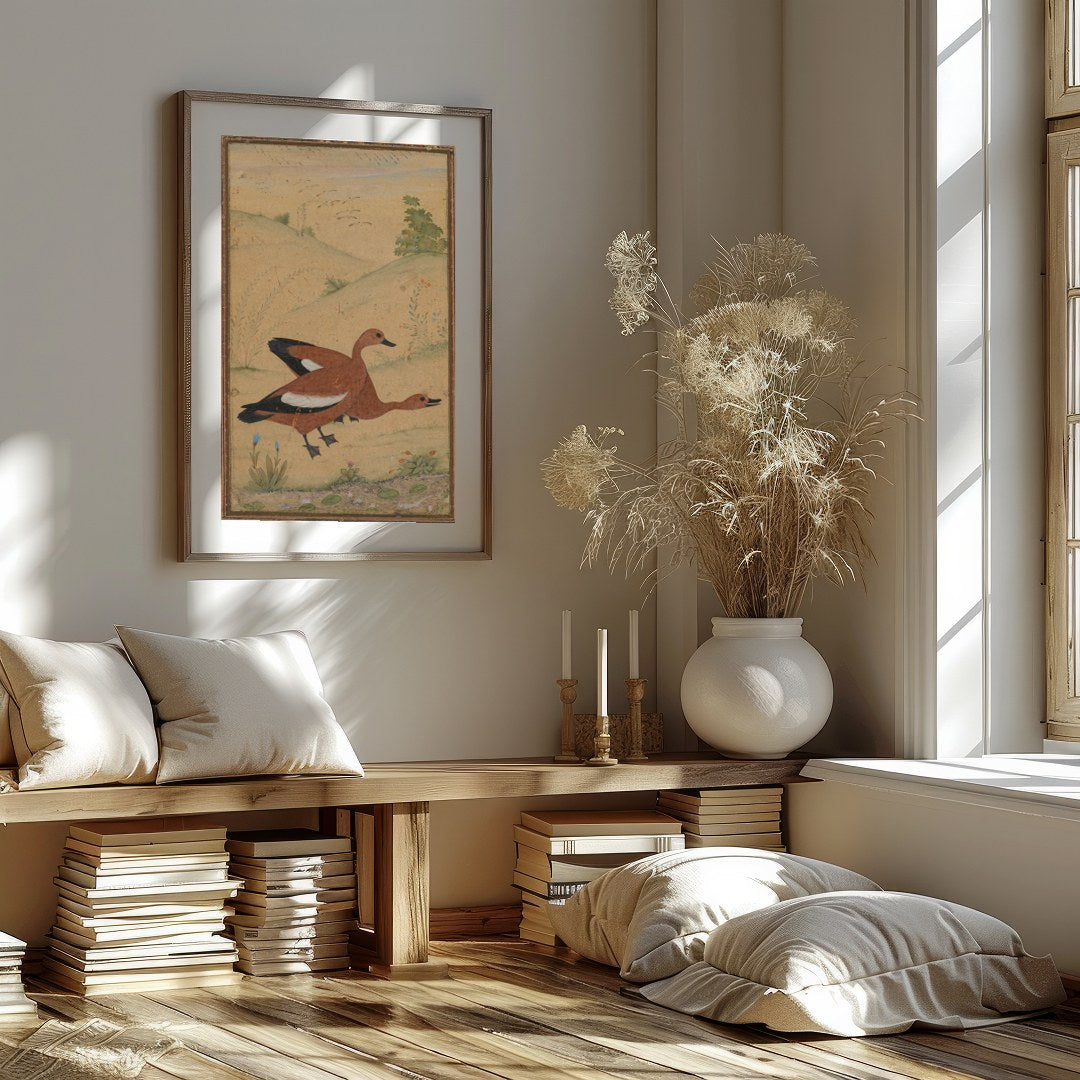 This exquisite artwork captures a pair of ducks gracefully nestled in a serene landscape. Rendered for loft
