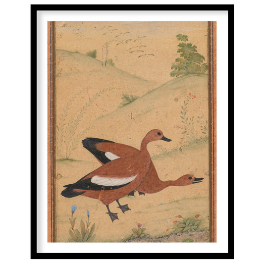 This exquisite artwork captures a pair of ducks gracefully nestled in a serene landscape. Rendered for retreat
