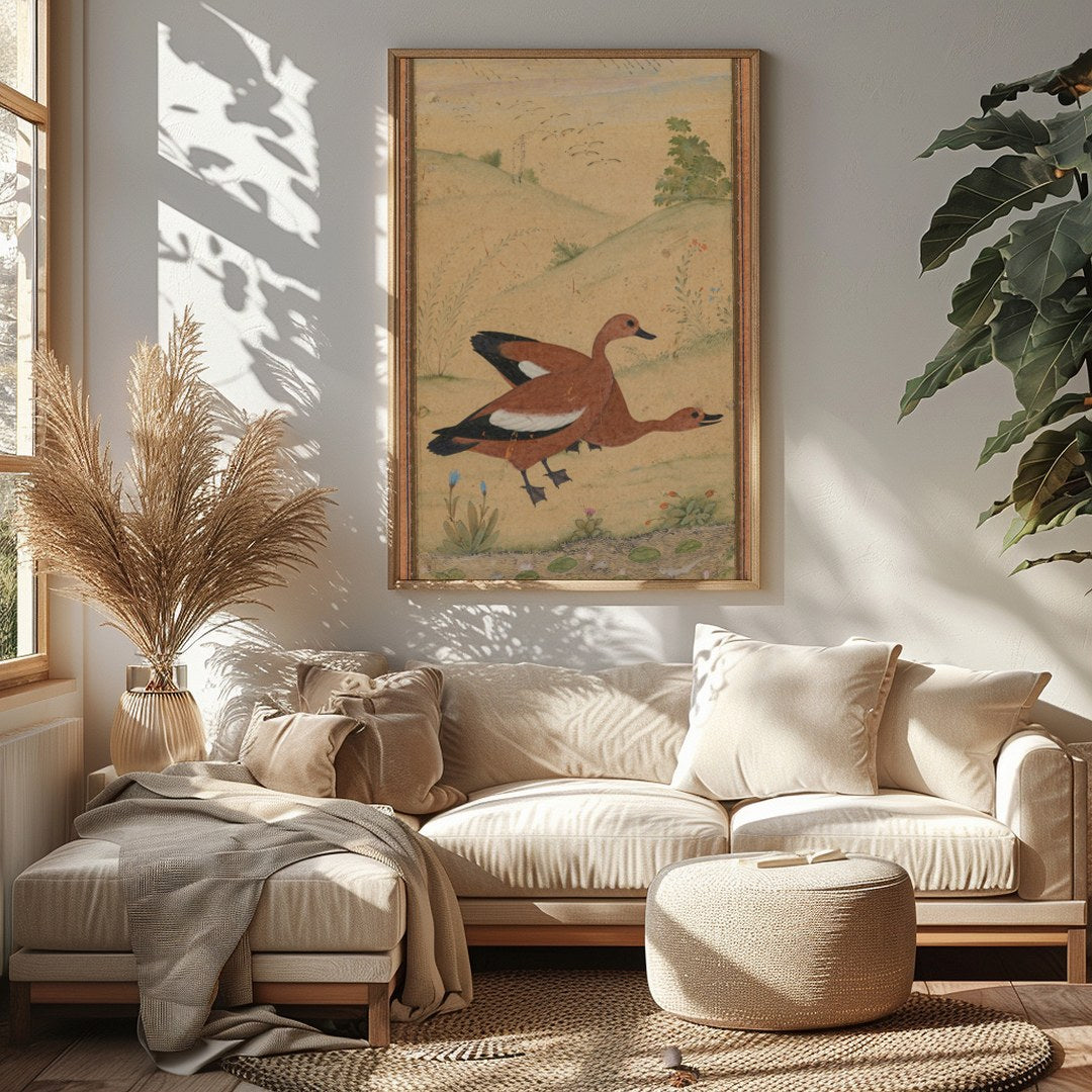 This exquisite artwork captures a pair of ducks gracefully nestled in a serene landscape. Rendered for Sitting Area
